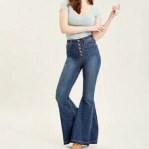 We The Free FP Raw Hem Wide Flare Leg Blue Jeans Women’s 26 Boho Hippie Concert